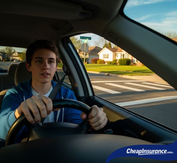 A teenage boy driving a car, symbolizing the importance of car safety reminders and tips for new and young drivers.