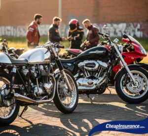 A group of motorcycles parked side by side, symbolizing the process of valuing a motorcycle for sale or insurance purposes.