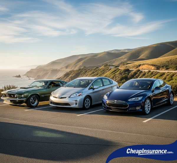 An ICE car, a hybrid, and an EV parked side by side, symbolizing a comparison of insurance costs for each vehicle type.
