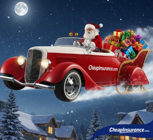 Santa Claus riding a sleigh full of presents through the sky with a CheapInsurance.com logo, symbolizing the increasing auto insurance premiums for all drivers.
