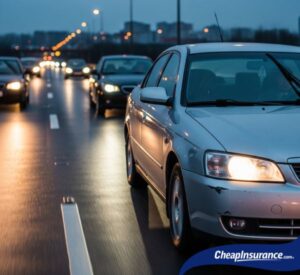 Cars driving on a road at night, symbolizing a balanced approach to finding affordable car insurance that provides necessary protection.