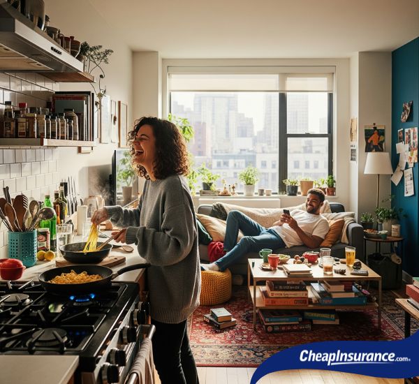 Two people in an apartment, symbolizing the value of renters insurance for protecting belongings and providing peace of mind in a living space.