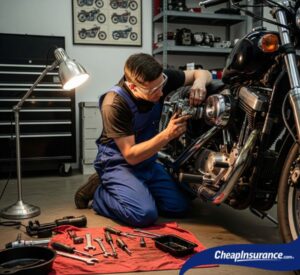 A person performing maintenance on a motorcycle, symbolizing the essential bike care needed for a safe ride and lower insurance costs.