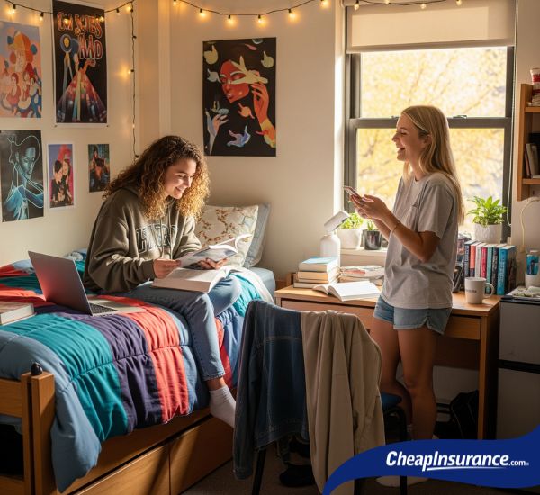 Two girls sharing a college dorm room, symbolizing the importance of renters insurance for protecting student belongings and liability coverage.