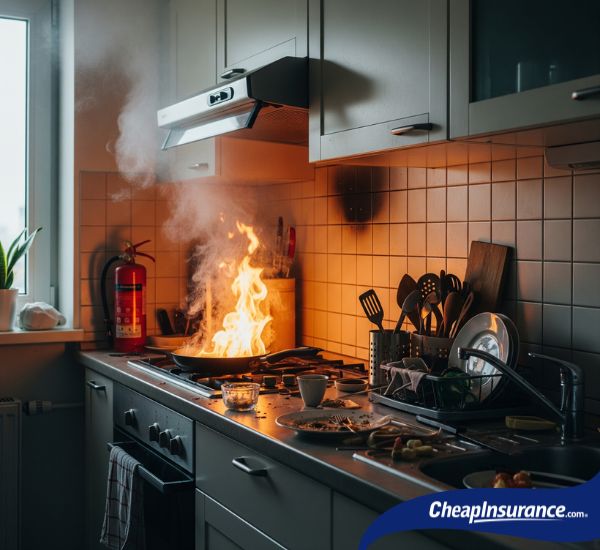 A small kitchen fire, symbolizing a covered peril that can lead to a renters insurance claim.
