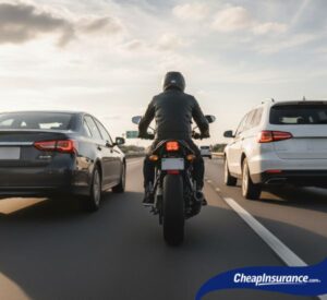 A motorcyclist driving between two cars on a busy highway, symbolizing the practice of motorcycle lane splitting.