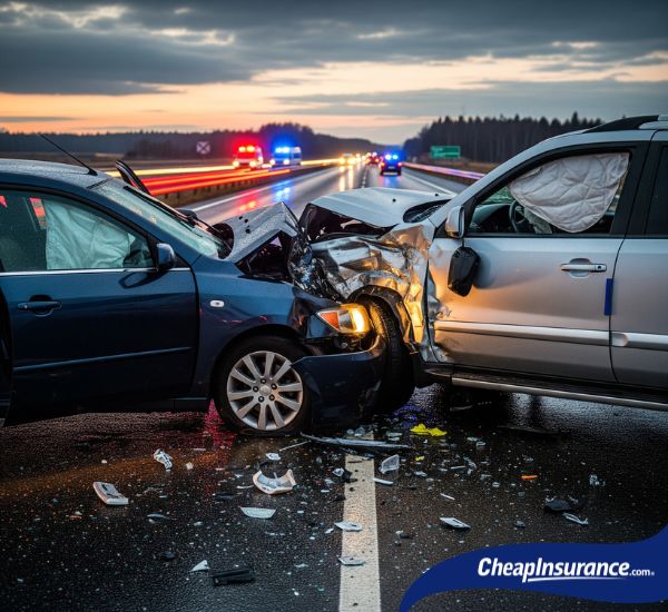 Two cars that have collided on a freeway, symbolizing the vehicle accident that a driver must handle with their insurance.