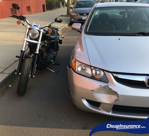 A car with front bumper damage parked next to a motorcycle, symbolizing how a car driving record can impact a motorcycle license.