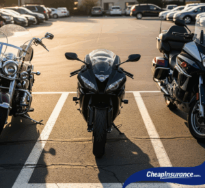 Motorcycles parked in a lot, representing the vehicles that require SR22 insurance to be legally ridden.