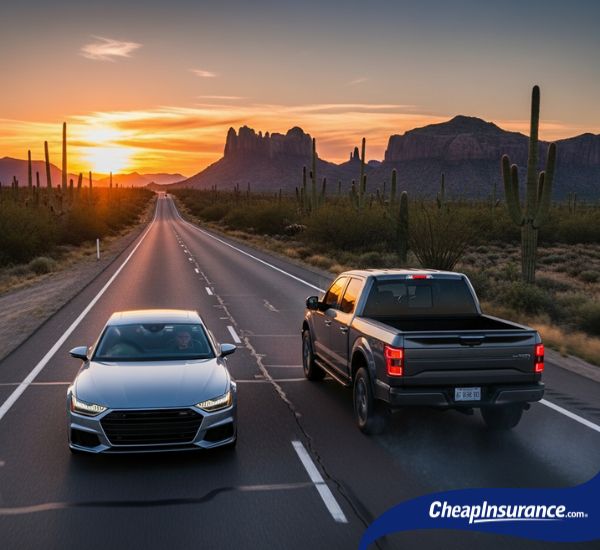 Two cars driving past each other on an Arizona road, symbolizing the popular vehicles used for travel in the state.