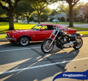 A car and motorcycle parked side by side, symbolizing the key differences between a car license and a motorcycle license.