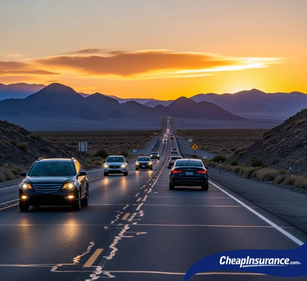 Cars driving on a highway in Nevada, symbolizing the top-selling cars and trucks popular with drivers in the state.