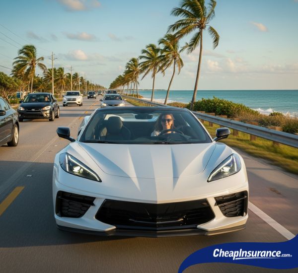 A woman driving a convertible car near a beach in Florida, symbolizing one of the most popular vehicles and driving experiences in the state.