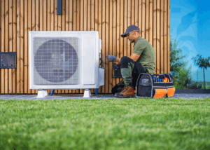 A man working to repair an outdoor air conditioning unit, symbolizing a skilled trade and a type of small business that is often in high demand and performing well.