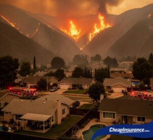 A large fire in a canyon behind a residential neighborhood, symbolizing a natural disaster and the increasing risk that can lead to home insurance policy cancellations.