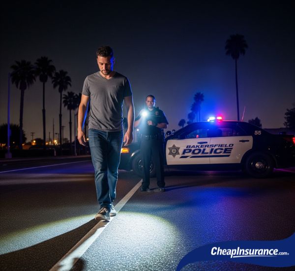 A driver performs a field sobriety test, a situation often resulting in a DUI and the requirement for SR22 coverage.