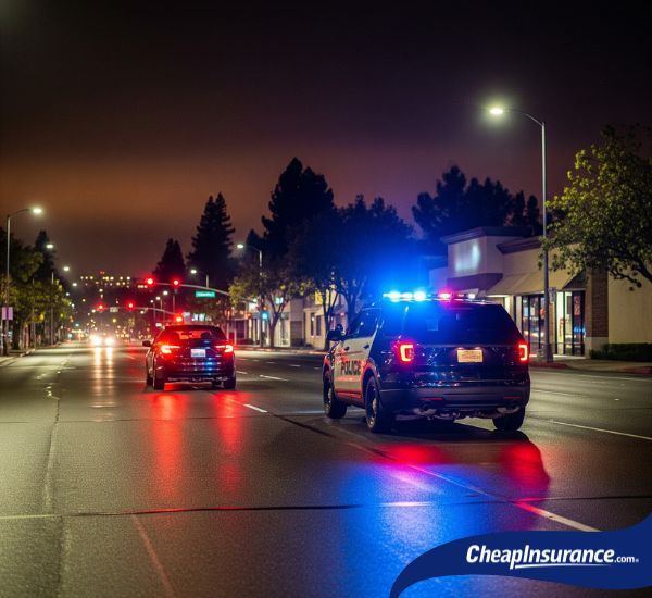 Police car driving through Elk Grove, CA, representing traffic violations that may lead to an SR22 filing.