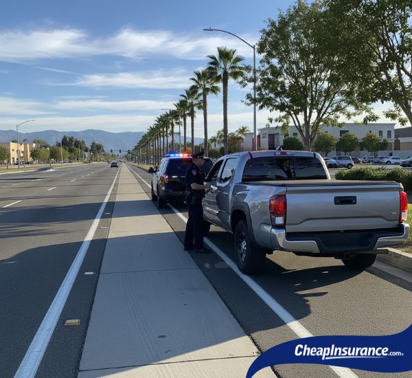 A police car and a truck pulled to the side of the road in West Covina, CA, a situation that may require SR22 insurance.