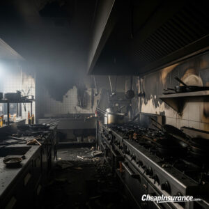 A commercial kitchen damaged by a fire, symbolizing a disaster that would be covered by a commercial insurance policy to protect the business.