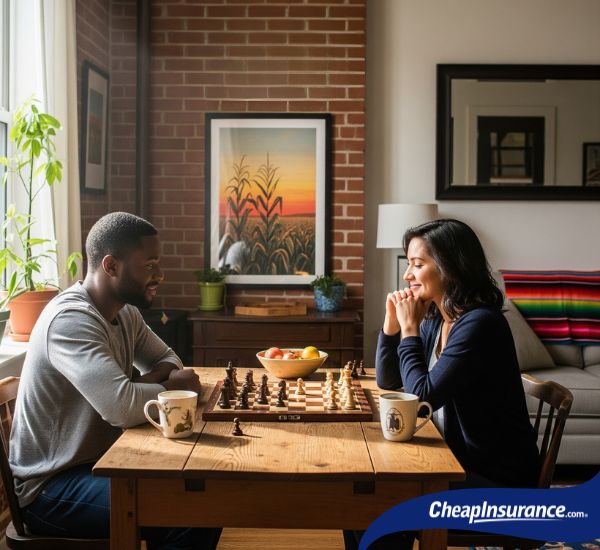 Couple playing chess at home, illustrating the peace of mind renters insurance provides in Des Moines, Iowa.