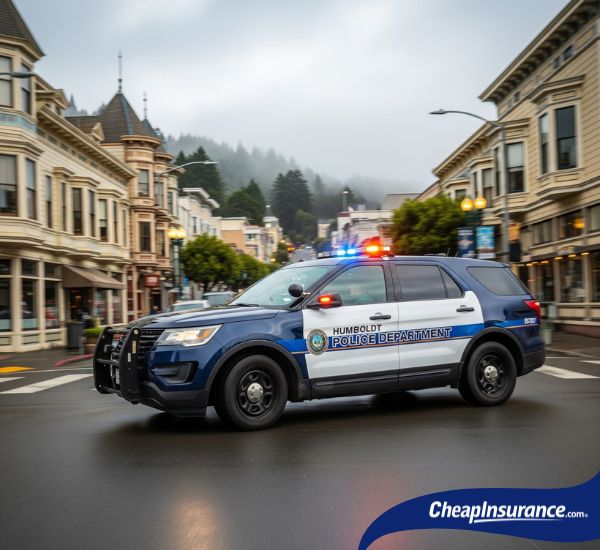 A police car driving through the city streets of Humboldt, California, related to SR22 insurance information.