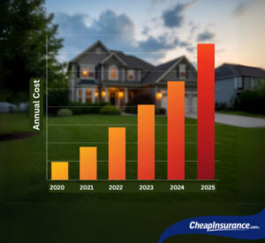 A digital chart showing a sharp increase in costs overlaid on a picture of a house, visually representing rising home insurance rates in climate risk areas.